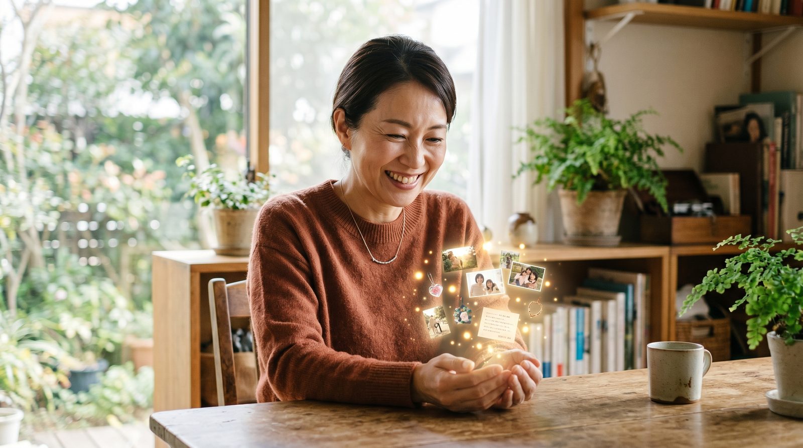 窓辺の机で、手の中の小さな光を見つめてほほえむ女性